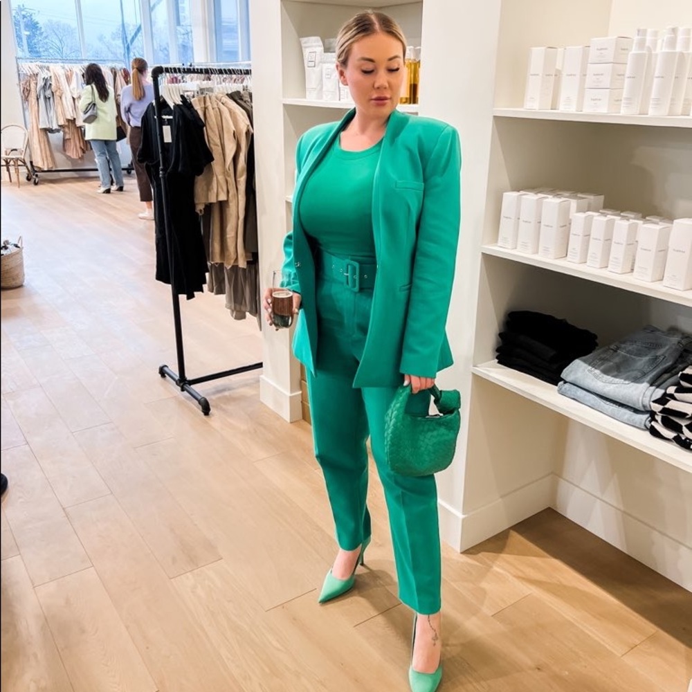 Green complete suit with top, blazer & bottoms.